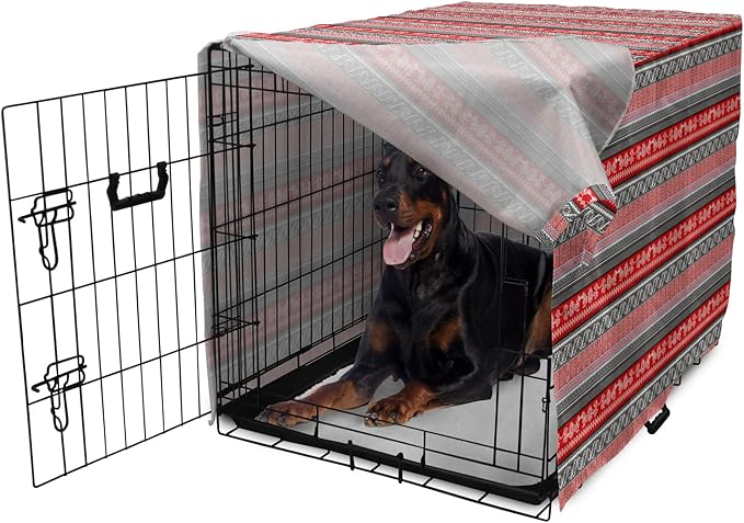 Lunarable Aztec Dog Crate Cover, Bird Motifs Abstract Indigenous Style Squares Latin American Inspired, Easy to Use Pet Kennel Cover for Medium Large Dogs, 42 Inch, Red Black White