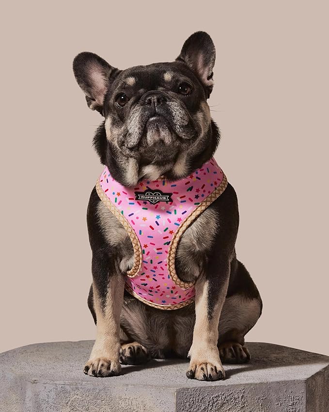Ruffhaus NYC Pink Sprinkles Reversible Dog Harness, Ice Cream Waffle Cone, Banana Split Printed No Pull Harness Puppy Gift Girl Dog Birthday & Gotcha Day X-Large