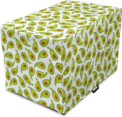 Lunarable Avocado Dog Crate Cover, Pattern of Sliced Healthy Fruits Scattered, Easy to Use Pet Kennel Cover for Medium Large Dogs, 42 Inch, Lime Green White Brown