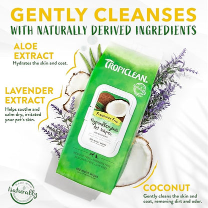 TropiClean Hypoallergenic Dog Wipes for Paws and Butt | Fragrance Free Dog Grooming Wipes | Safe for The Face | Puppy & Cat Friendly | 400 Count