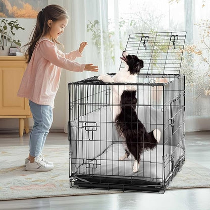 Veehoo 30 inch Dog Crates for Medium Dogs with Bumper-Three Doors Folding Metal Wire Dog Crate Cage Kennel, Indoor Outdoor Medium Dog Crate Kennels with Plastic Leak-Proof Tray-Portable Pet Kennel Kit