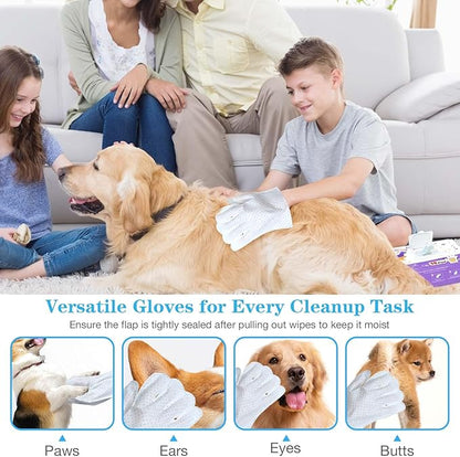 Dog Cleaning Gloves Wipes 15pcs Deodorizing Disposable Pet Grooming Bathing Gloves Extra Thick, No Rinse Shampoo Dry Cleaning Gloves Lick Safe for Dogs & Cats Paw Face Ear Fur and Butt