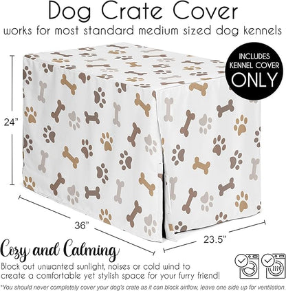 Sweet Jojo Designs 36in. Medium Dog Crate Cover (Bones and Paw Prints) Pet Cage, Kennel Covers (Modern, Cartoon, Doggy, Puppy, Neutral, Paws Print, Whimsical, Brown, Tan, Grey, Taupe and Off White)