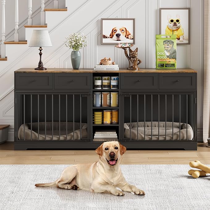 IDEALHOUSE 82” Large Dog Crate for 2 Dogs, Dog Kennel Indoor with 4 Drawers and Shelves, Double Dog Crate Furniture TV Stand, Wooden Dog Cage for Medium Large Dogs, Black