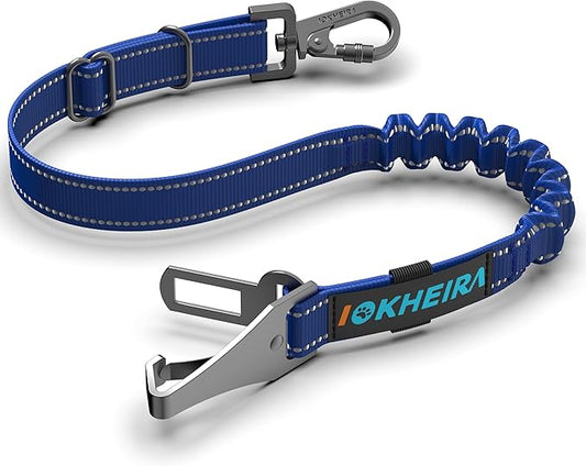 IOKHEIRA Dog Seat Belt 3-in-1 Car Harness for Dogs Adjustable Safety Seatbelt for Car Durable Nylon Reflective Bungee Fabric Tether with Clip Hook Latch & Buckle, Swivel Zinc Alloy Carabiner (Bule)