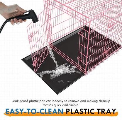 PayLessHere Large Dog Crate Kennel for Medium Large Dogs Metal Dog Cage Double-Door Folding Travel Indoor Outdoor Puppy Playpen with Divider and Handle Plastic Tray (48 Inch, Pink)