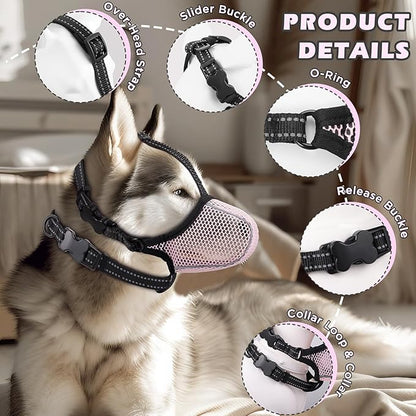 Dog Muzzle,Mesh Soft Muzzle for Small Medium Large Sized Dogs, Breathable Reflective Adjustable Puppy Muzzles with Collar for Scavenging Grooming Biting Chewing,Allows Panting and Drinking(Pink S)