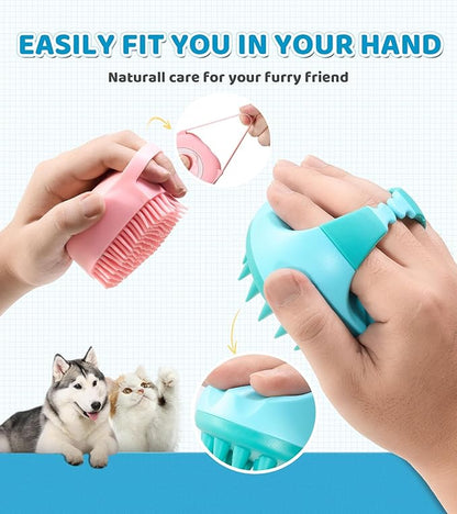 Pet Grooming Brush with Shampoo Dispenser, Soft Silicone Bath Scrubber for Dogs, Cats, and Puppies – Gentle Cleaning and Massaging Tool, Ideal for Small Pets, Easy to Use & Clean, Pink/Blue