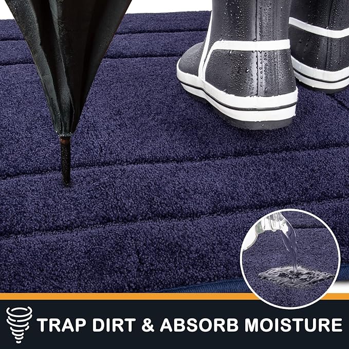 PURRUGS Dirt Trapper Door Mat 24" x 59.5", Non-Slip/Skid Machine Washable Entryway Rug, Dog Door Mat, Super Absorbent Welcome Mat for Muddy Wet Shoes and Paws, Navy Blue