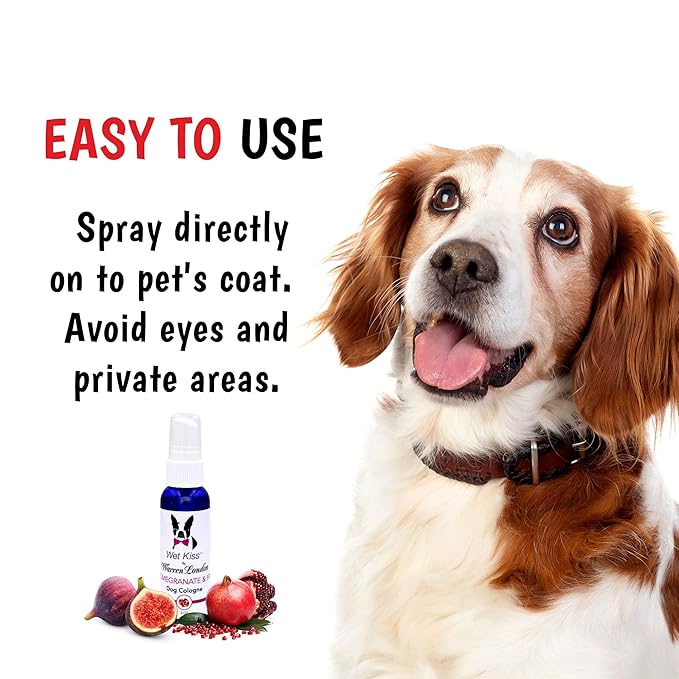 Warren London - Wet Kiss Dog Cologne, Long Lasting Dog Spray, Dog Deodorant to Remove Odor from Stinky Dogs, Pomegranate & Fig, 2 Ounce Bottle