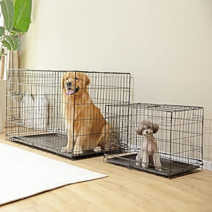 Sweetcrispy Dog Crate with Divider Panel, 48 Inch Double Door Folding Metal Wire Dog Cage with Plastic Leak-Proof Pan Tray, Extra Large Pet Kennel for Indoor, Outdoor, Travel