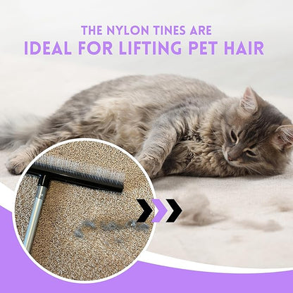Room Groom PET Carpet Rake Groomer with Telescoping 54 " Adjustable Handle, with Lint Remover Brush Tool, Carpet Brush for Pet Hair and Refreshing Carpets, (Black/Purple)