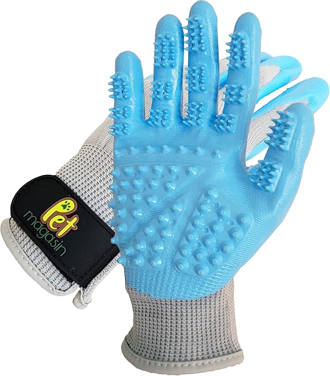 PET MAGASIN Dog Grooming Gloves for Gentle Deshedding and Bathing (Blue, Large)