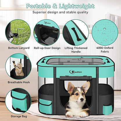 Dog Cat Playpen28/31/35in, Pet Puppy Portable Playpens for Outdoor Travel Crate, Indoor After Surgery Use, Foldable Dog Kennel Tent for Rabbit or Small Animals and Tent Stakes (Green, Small)