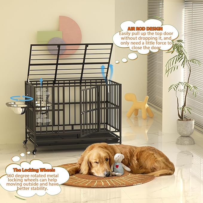 LOVMOR 43" Heavy Duty Dog Crate with Unique Air Lift Rod/Wheels/ 360° & Adjustable 2 Bowls, Extra Medium Dog Crate