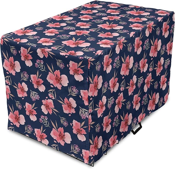 Ambesonne Watercolor Dog Crate Cover, Nature Inspired Composition with Pink Garden Flora Vintage Petals, Easy to Use Pet Kennel Cover for Cats & Medium Dogs, 30 Inch, Navy Blue Coral