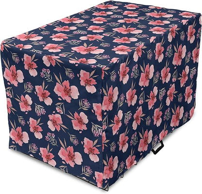 Ambesonne Watercolor Dog Crate Cover, Nature Inspired Composition with Pink Garden Flora Vintage Petals, Easy to Use Pet Kennel Cover for Cats & Medium Dogs, 30 Inch, Navy Blue Coral