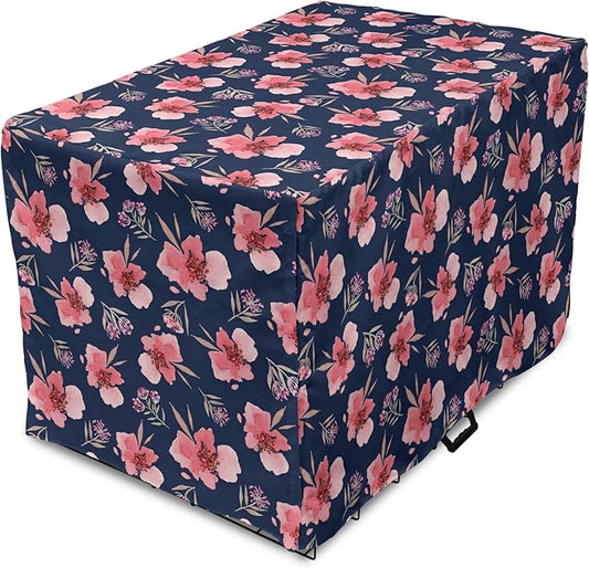 Ambesonne Watercolor Dog Crate Cover, Nature Inspired Composition with Pink Garden Flora Vintage Petals, Easy to Use Pet Kennel Cover for Cats & Medium Dogs, 30 Inch, Navy Blue Coral