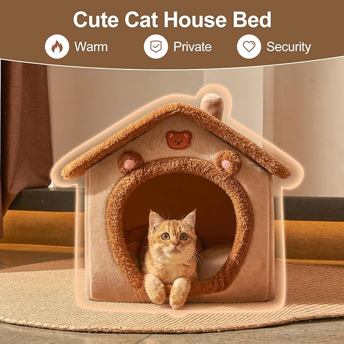 Jiupety Dog House Dog Bed with Cover Cave with Non-Slip Bottom, M Size Tent Bed Up to 15 Lbs Cat and Puppy, Brown