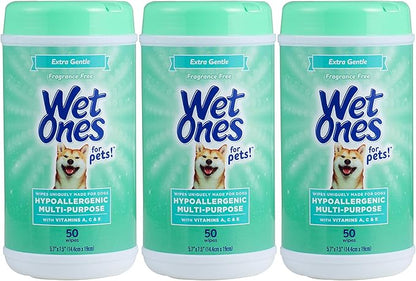 Wet Ones for Pets Multi-Purpose Dog Wipes with Vitamins A, C & E | Fragrance-Free Dog Wipes for All Dogs Wipes Multipurpose | 50 Count Canister - 3 Pack