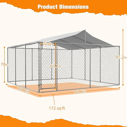 Large Outdoor Dog Kennel, Heavy Duty Galvanized Steel Dog Enclosure, Chicken Coop w/ Waterproof UV-Resistant Cover, Lockable Door Chain Link for Small & Large Pets, Backyard-157.2"L x 157.2"W x 91.2"H