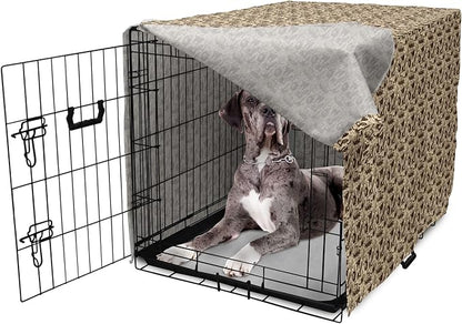 Lunarable Vintage Halloween Dog Crate Cover, Halloween Witch Hat Cauldron Fall Jack o' Lantern Black Cat, Easy to Use Pet Kennel Cover for Medium Large Dogs, 48 Inch, Pale Brown