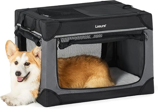 Lesure Soft Collapsible Dog Crate - 26 Inch Portable Travel Crate for Small Dogs Indoor & Outdoor, 4-Door Foldable Pet Kennel with Durable Mesh Windows, Black