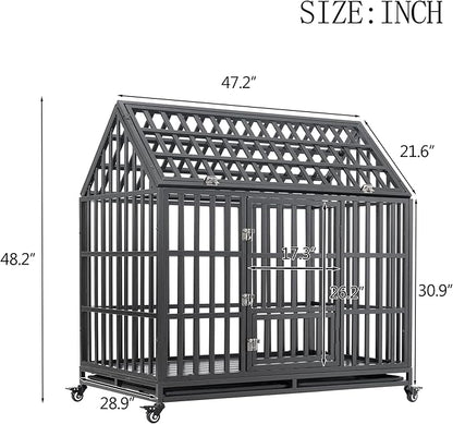 NicBex 47.2 Inch Heavy Duty Dog Crate Strong Metal Pet Kennel Playpen and Crate with Roof,Removable Trays and Wheels,Furniture Style Dog Crate for Medium/Large Dogs,Black