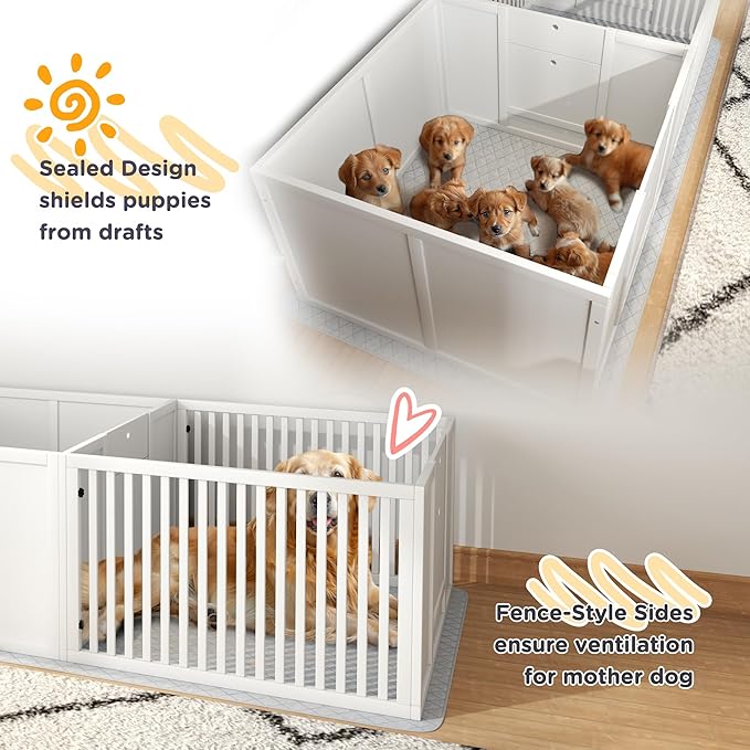 PawHut Whelping Box for Dogs, Dog Whelping Box with Waterproof Pee Pad & Adjustable Door for Small, Medium & Large Breed Dogs, 65" x 31.5"