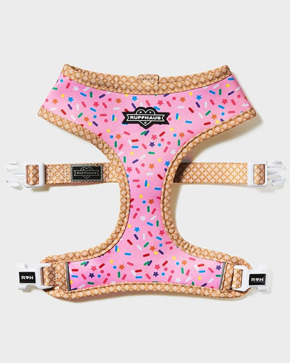 Ruffhaus NYC Pink Sprinkles Reversible Dog Harness, Ice Cream Waffle Cone, Banana Split Printed No Pull Harness Puppy Gift Girl Dog Birthday & Gotcha Day X-Small