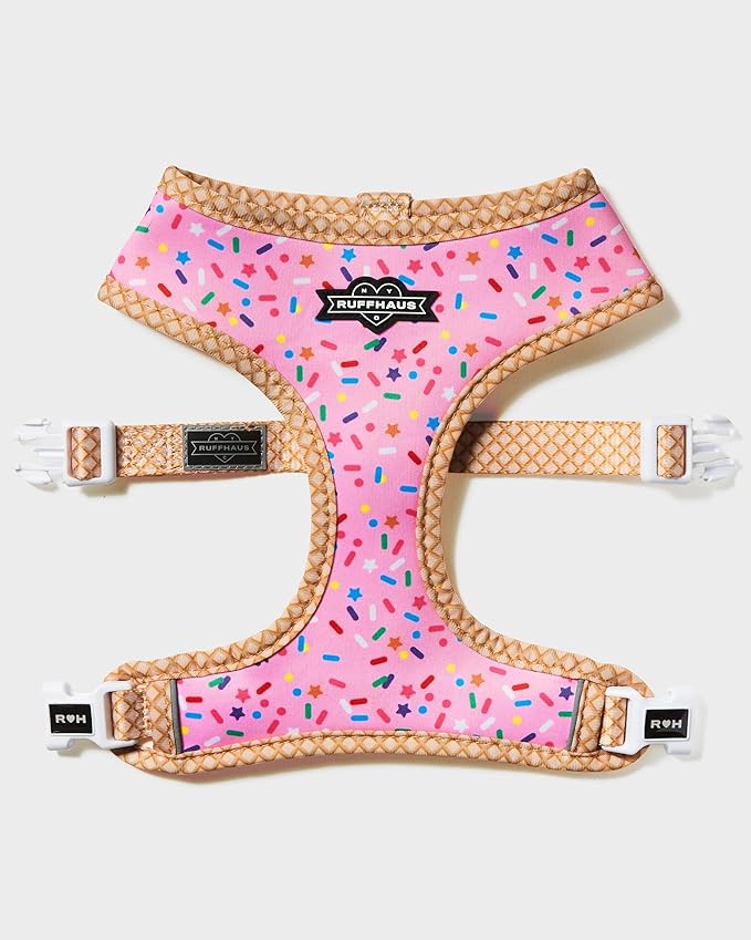 Ruffhaus NYC Pink Sprinkles Reversible Dog Harness, Ice Cream Waffle Cone, Banana Split Printed No Pull Harness Puppy Gift Girl Dog Birthday & Gotcha Day X-Large