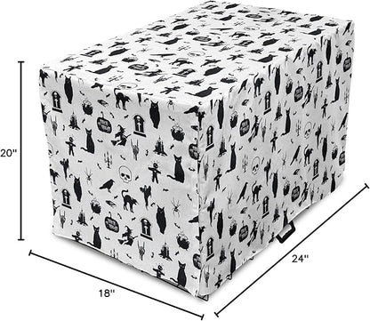 Lunarable Halloween Dog Crate Cover, Horror Pattern Tombstone Kitty Owl Voodoo Trick or Treat Pumpkin, Easy to Use Pet Kennel Cover for Cats & Medium Dogs, 24 Inch, Grey Black Charcoal