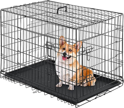 Furniture of America Yucca Metal Double Door Folding Wire Pet Crate with Divider, Removable Tray, and Handle for Outdoor and Indoor Medium Dog, 42-inch, Black