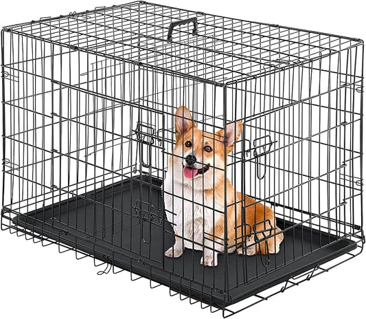 Furniture of America Yucca Metal Double Door Folding Wire Pet Crate with Divider, Removable Tray, and Handle for Outdoor and Indoor Medium Dog, 42-inch, Black