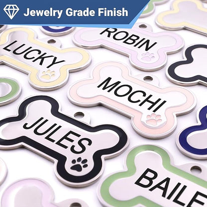 GoTags Stainless Steel Bone Dog Tag with Color Outline and Paw Print, Personalized Pet ID Tag for Dogs and Cats, Custom Engraving with up to 5 Lines of Text on Both Sides (Black, Small)
