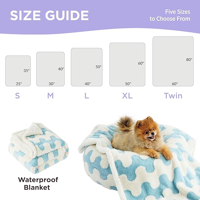 Lesure Waterproof Dog Blanket for Large Dogs - Washable Double Sided Dog Blankets with Warm Jacquard Shag and Soft Sherpa Fleece, Pet Cat Blanket for Couch Protection, 3D Textured Wave, Blue