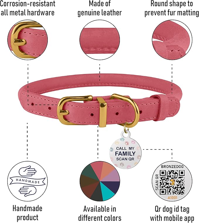 BRONZEDOG Rolled Leather Dog Collar with QR ID Tag Adjustable Soft Round Collars for Small Medium Large Dogs Puppy Cat (11" - 14 1/2" Neck Size, Coral Pink)