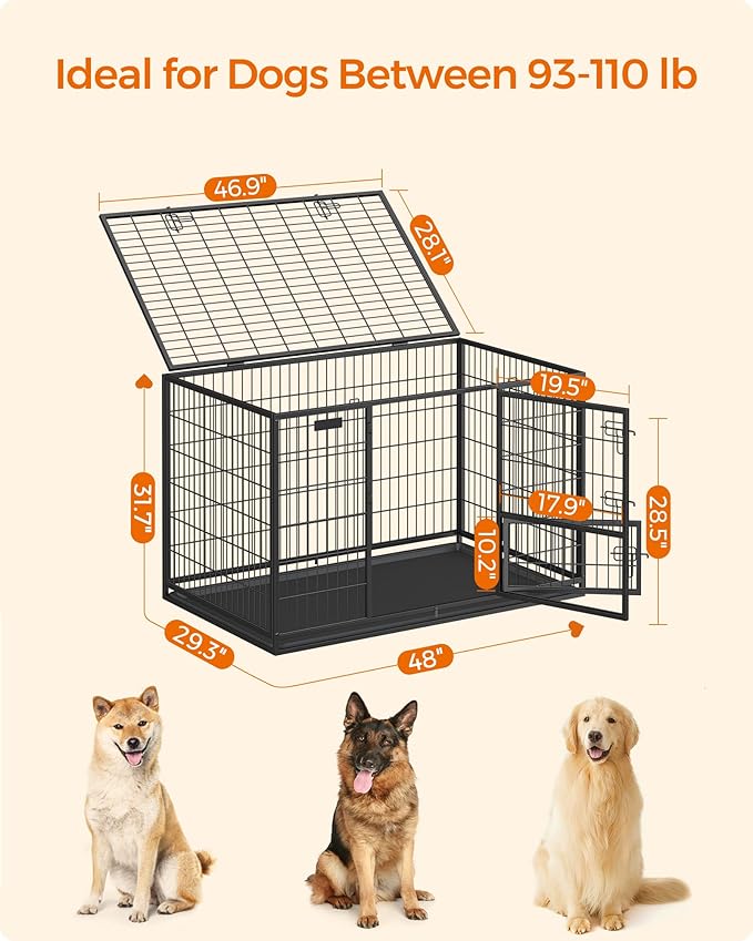 Feandrea Heavy-Duty Dog Crate, Metal Dog Kennel and Cage with Removable Tray, XXL for Large Dogs, 48 x 29.3 x 31.7 Inches, Black UPPD003B01