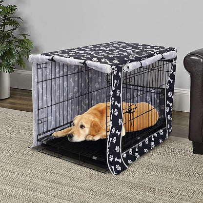 Morezi Dog Crate Cover for Wire Crates,Cage, Heavy Nylon Durable Waterproof Windproof Pet Kennel Cover Indoor Outdoor Protection - Cover only - Black Paw Bone - XXLarge