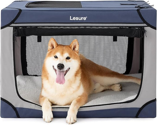 Lesure Soft Collapsible Dog Crate - 30 Inch Portable Travel Crate for Medium Dogs Indoor & Outdoor, 4-Door Foldable Pet Kennel with Durable Mesh Windows, Blue