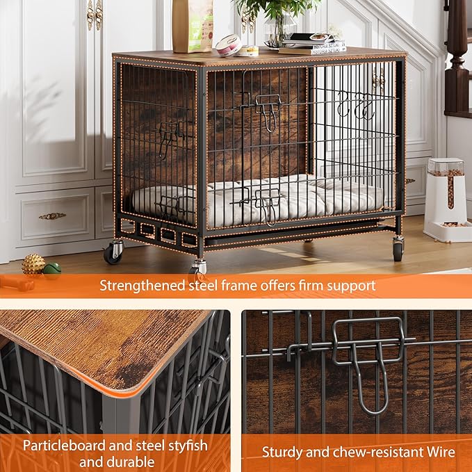 Dog Crate Furniture, 32.5" Double-Door Dog House with Removable Wheels, Heavy-Duty Wooden Kennel & Pull-Out Tray, Rustic Brown Side Table for Medium Dogs, Brown