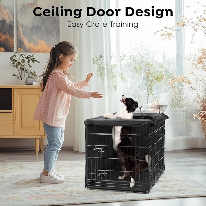 Veehoo 48 inch Dog Crate for Large Dogs with Three Doors & Cover-Metal Wire Dog Cage Kennels & Houses for Puppy&Cat, Indoor Outdoor Collapsible Metal Contour Dog Crate Kennels Kit with Removable Tray