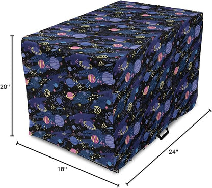 Ambesonne Galaxy Dog Crate Cover, Outer Space Planets Cosmic Journey Milky Way Zodiac Moon Doodle, Easy to Use Pet Kennel Cover for Cats & Medium Dogs, 24 Inch, Blue Pink