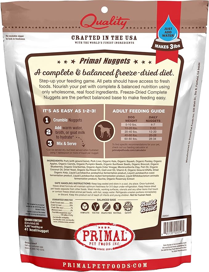 Primal Freeze Dried Raw Dog Food Nuggets, Pork, Complete & Balanced Meal, Also Use as Topper or Treat, Premium, Healthy, Grain Free, High Protein Raw Dog Food, 14 oz (Pack of 2)