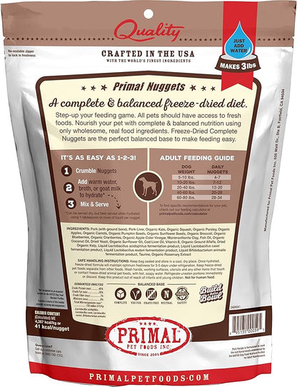 Primal Freeze Dried Raw Dog Food Nuggets, Pork, Complete & Balanced Meal, Also Use as Topper or Treat, Premium, Healthy, Grain Free, High Protein Raw Dog Food, 14 oz
