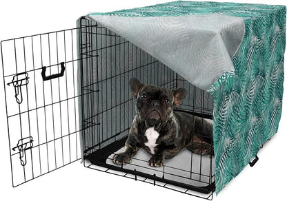 Lunarable Leaf Dog Crate Cover, Fresh Tropical Exotic Island Palm Tree Leaves in Jungle Abstract Watercolor, Easy to Use Pet Kennel Cover for Cats & Medium Dogs, 24 Inch, Pale Blue and Green