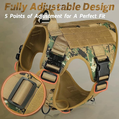 rabbitgoo Tactical Dog Harness for Large Dogs, Heavy Duty Dog Harness with Handle, No-Pull Service Dog Large Breed, Adjustable Military Dog Vest Harness for Training Hunting Walking, Brown Camo, S