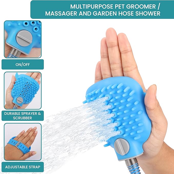 Dog Bath Hose Sprayer and Scrubber Attachment - Indoor/Outdoor Pet Bathing, Grooming and Washing - Pet Shower Brush with Garden Nozzle
