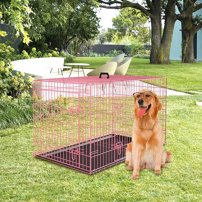 PayLessHere Large Dog Crate Kennel for Medium Large Dogs Metal Dog Cage Double-Door Folding Travel Indoor Outdoor Puppy Playpen with Divider and Handle Plastic Tray (42 Inch, Pink)