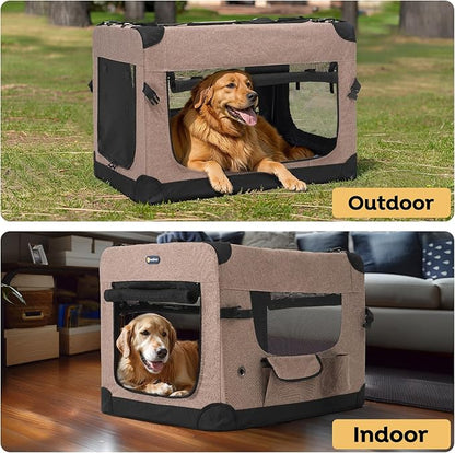 Veehoo 30 inch Folding Soft Dog Crate, 4-Door Portable Collapsible Pet Kennel Travel Dog Crate for Medium Dogs, 5 x Durable Mesh Screen, 600D Oxford Fabric, Indoor & Outdoor Use, Brown, CWB2428CP